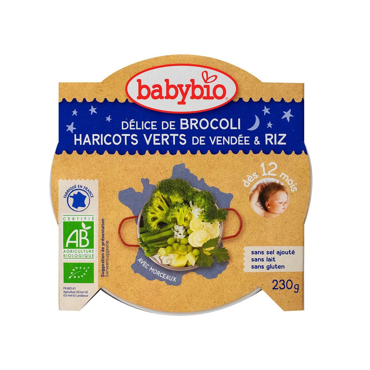 Babybio Assiette Bonne Nuit Bio Riz Brocoli et Haricots Verts du Val de Loire 230g