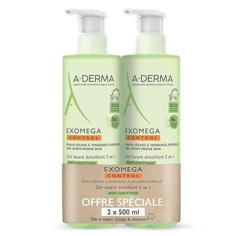 A-Derma Exomega Control Anti-Juckreiz Emollient Waschgel 2-in-1, 2 x 500ml Vorteilspackung