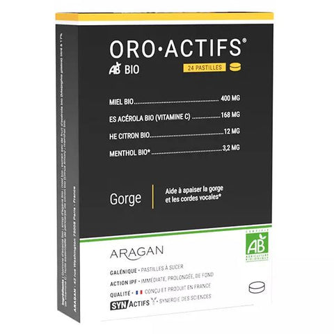 Aragan - Synactifs - Oroactifs® BIO - Halsschmerzen - Honig, Menthol - 24 Pastillen
