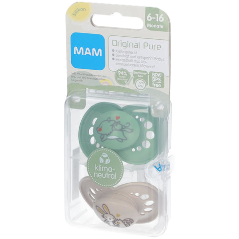 MAM Original Pure tétines en silicone avec motif vert-écru (2 pièces, 6-16 mois)