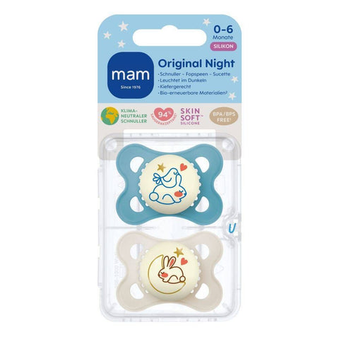 MAM Original Night sucette en silicone 0-6 mois, bleu/crème (2 pièces)