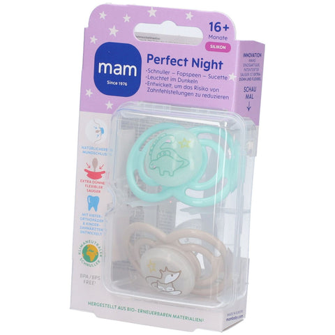 MAM Perfect Night sucette en silicone (2 pièces), 16+ mois, menthe/crème