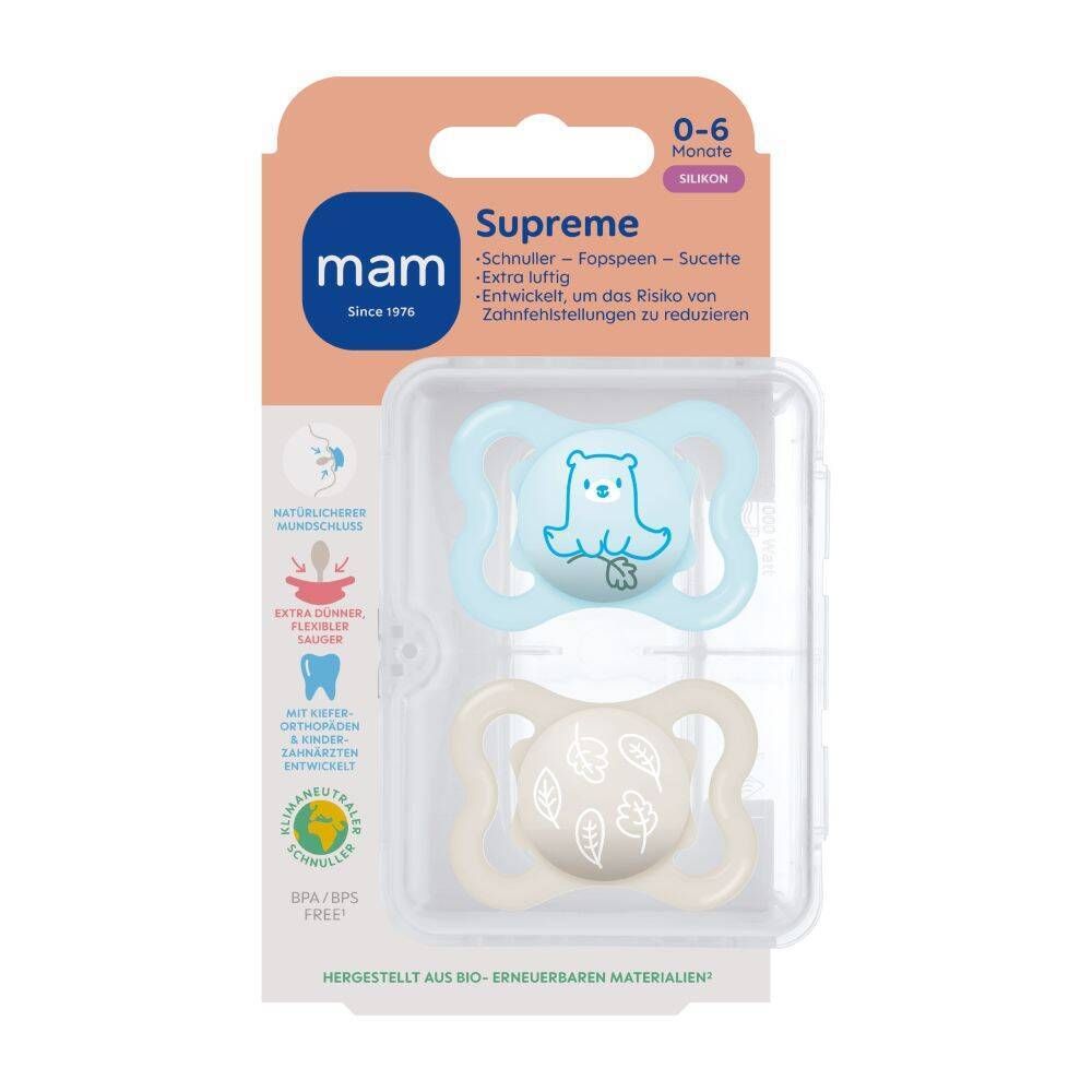 MAM Supreme sucette en silicone 0-6 mois, bleu/crème