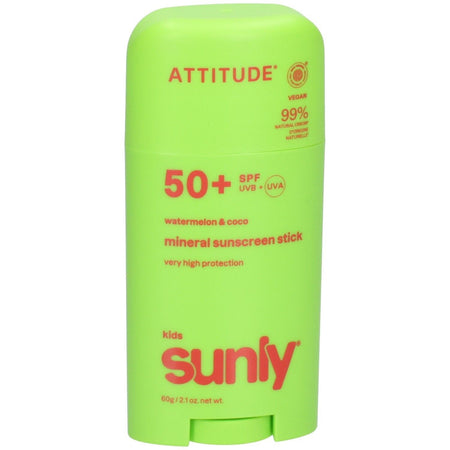 ATTITUDE Écran Solaire Minéral Stick Visage & Corps Kids SPF 50 Pastèque & Coco (60 g)