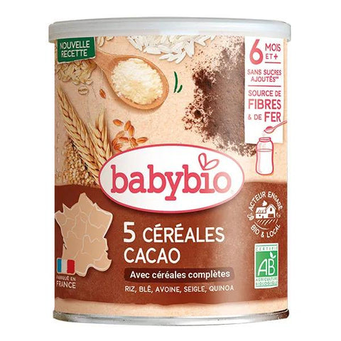Babybio 5 Cereals Cocoa Rice, Wheat, Oats, Rye, Quinoa +8m Organic 220g