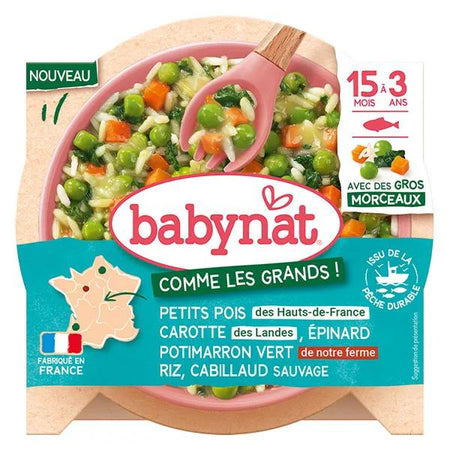 Babybio Babynat Petits pois Carotte Epinard Potimarron vert Riz Cabillaud - 200g