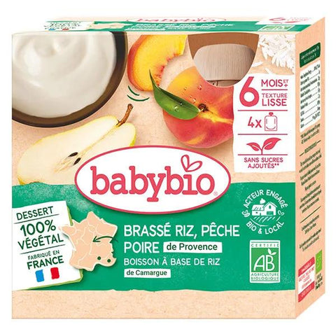 Babybio Pflanzliche Desserts Quetschbeutel Reis Pfirsich Birne +6m Bio 4 x 85g