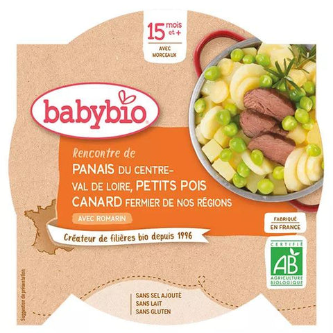 Babybio Mittagsmahlzeit Teller Pastinake Erbsen Ente +15 Monate Bio 260g