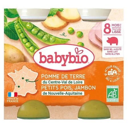 Babybio Repas Midi Pot Pomme de Terre Petits Pois Jambon +8m Bio 2 x 200g