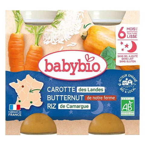 Babybio Repas Soir Pot Carotte Butternut Riz +6m Bio 2 x 200g