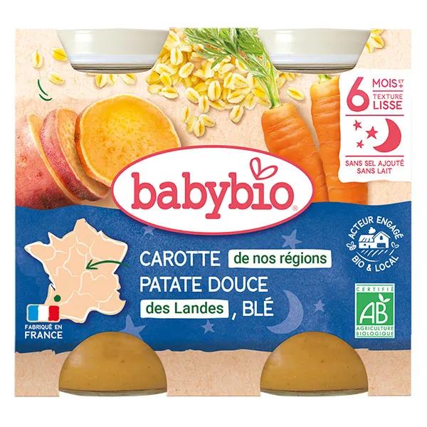 Babybio Repas Soir Pot Carotte Patate Douce Blé +6m Bio 2 x 200g