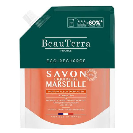BeauTerra Savon liquide de Marseille Parfum Fleur d'oranger Eco-recharge (900 ml)