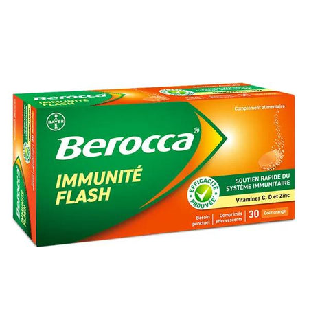 Berocca Immunité Flash Vitamine D et C Zinc Fer 30 comprimés effervescents