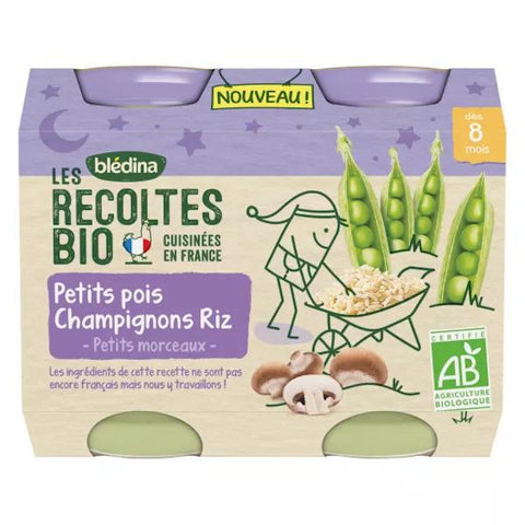 Blédina Bio-Ernte Topf Erbsen Champignons Reis +8m 2 x 200g