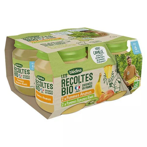 Blédina Bio-Früchtepüree Äpfel-Ananas und Äpfel-Bananen-Kiwis (ab 4 Monaten, 4 x 130 g)