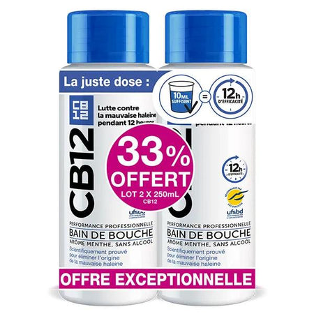 CB12 Bain de bouche 12h d’haleine fraîche Sans alcool Arôme menthe - Lot 2x250 ml