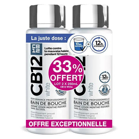 CB12 White Bain de bouche dents blanches 12h d’haleine fraîche - Lot 2x250 ml
