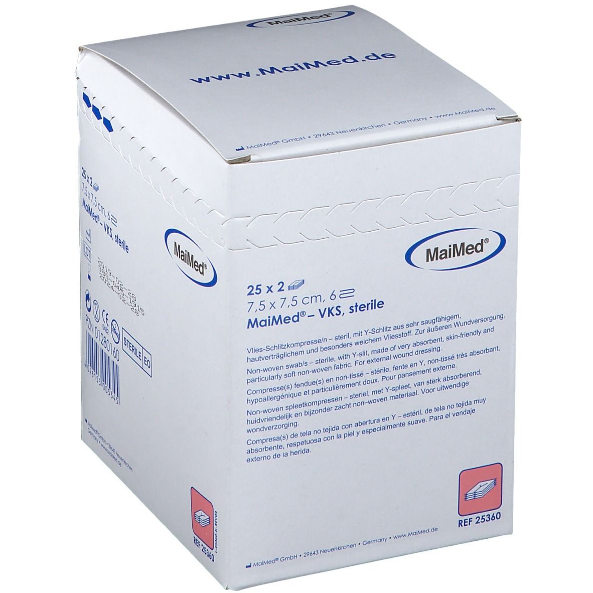 Compresses fendues non tissées 7,5x7,5 cm stériles 6 plis (25x2 pièces)