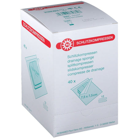 NOBAMED® compresses fendues 12 plis 7,5 x 7,5 cm stériles (40x2 pièces)