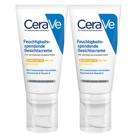 CeraVe Crème hydratante pour le visage avec SPF 50 – pour peau normale à sèche (2x52 ml)