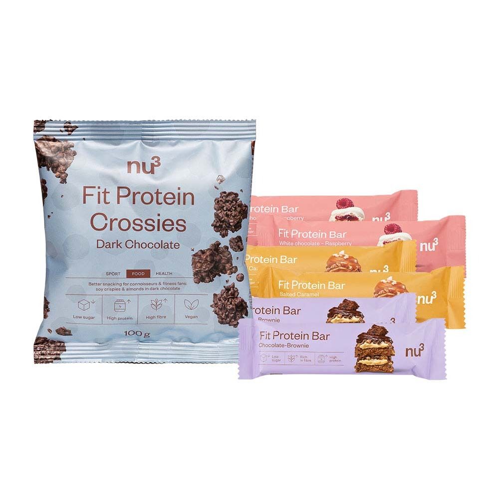 nu3 Fit Protein Crossies + Protein Bar Salted Caramel + Protein Bar Chocolate Brownie + Protein Bar White Chocolate Raspberry (1 pièce)