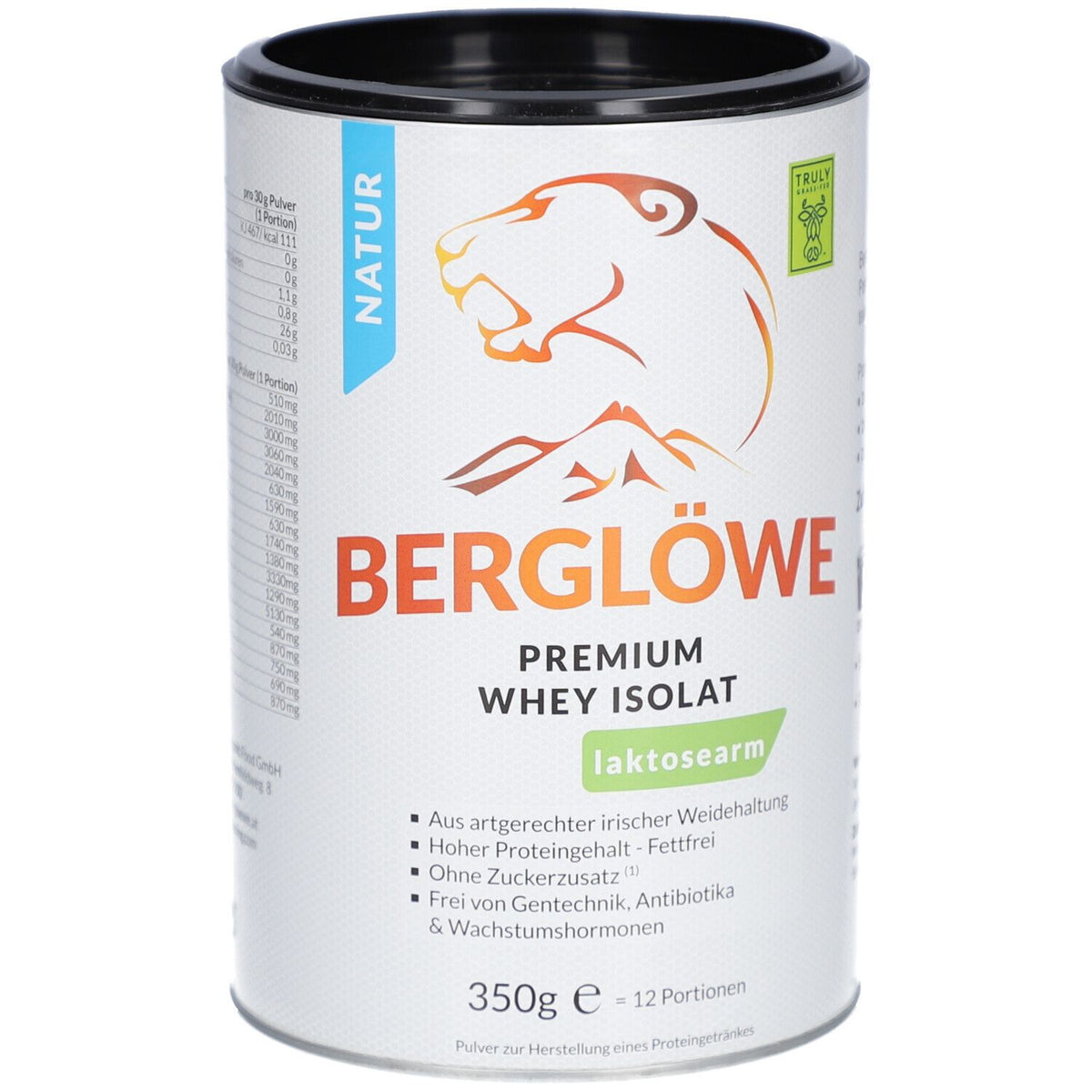 Berglöwe Premium Whey Protein Isolat nature, pauvre en lactose (350 g)