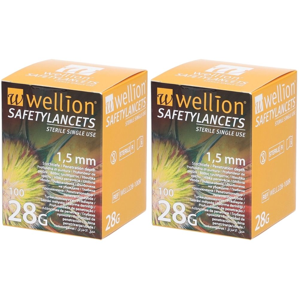Wellion lancettes de sécurité 28 G 1,5 mm (2x100 pièces)