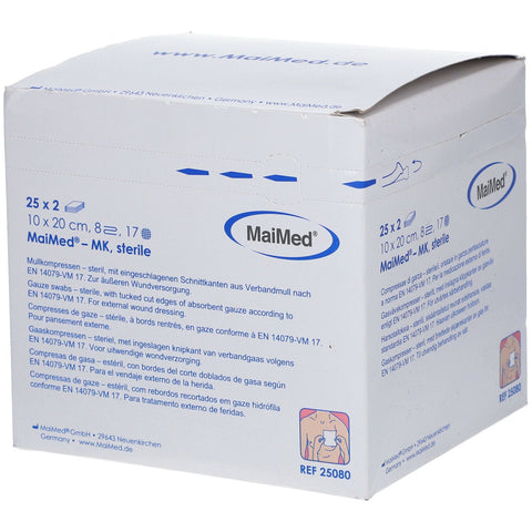 MaiMed® sterile gauze swabs 10 x 20 cm 8-ply (2x25x2 pieces)