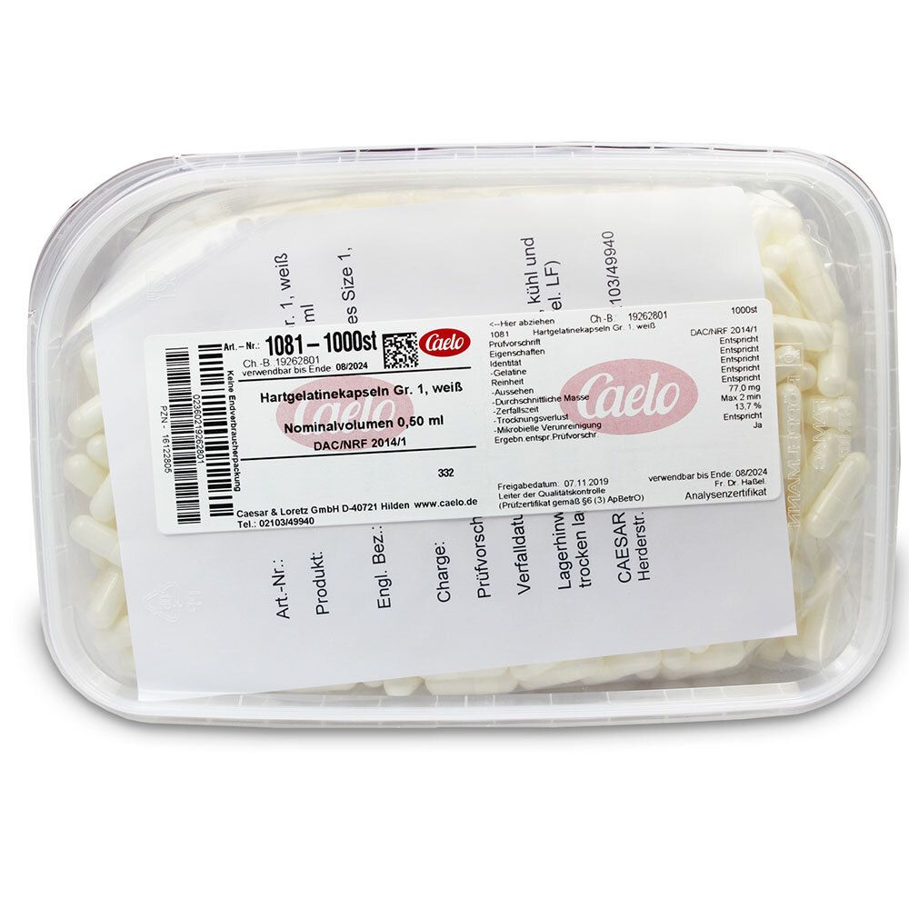 Gélules de gélatine dure, taille 1, blanches (1000 pièces)