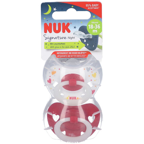 NUK Signature Night sucette en silicone, forme adaptée à la mâchoire, 6-18 mois, 2 pièces, rouge et blanc