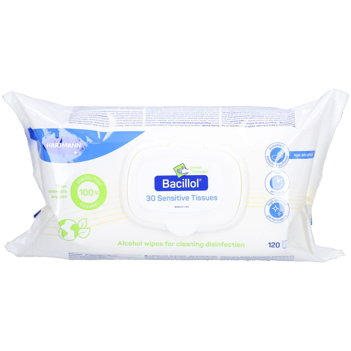 Hartmann Bacillol® 30 Sensitive Green Tissues lingettes désinfectantes rapides (120 pièces)