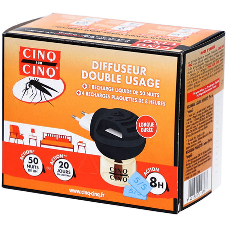 CINQ SUR CINQ Diffuseur électrique anti-moustiques double usage : + 4 recharges plaquettes de 8h + 1 recharge liquide de 50 nuits pour 30 m3 — 1 pièce