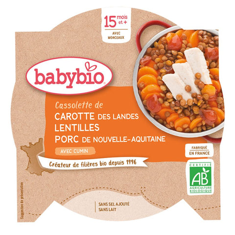 Babybio Cassolette de carottes des Landes, lentilles, porc de Nouvelle-Aquitaine au cumin, dès 15 mois (260 g)