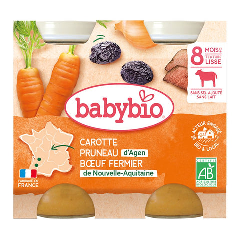 Babybio Menu Carotte, Pruneau d'Agen, Bœuf fermier de Nouvelle-Aquitaine (400 g)
