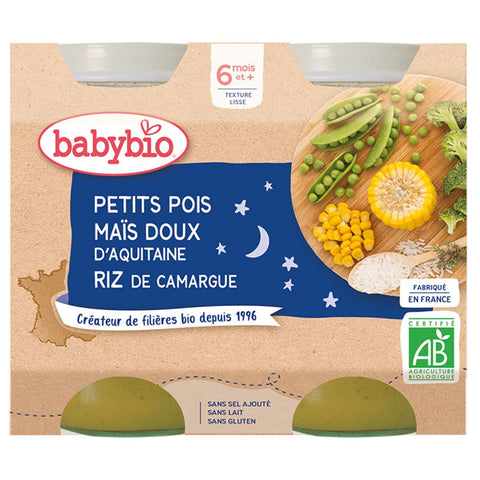 Babybio Petit pot Petits pois, Maïs doux d'Aquitaine, Riz de Camargue (400 g)