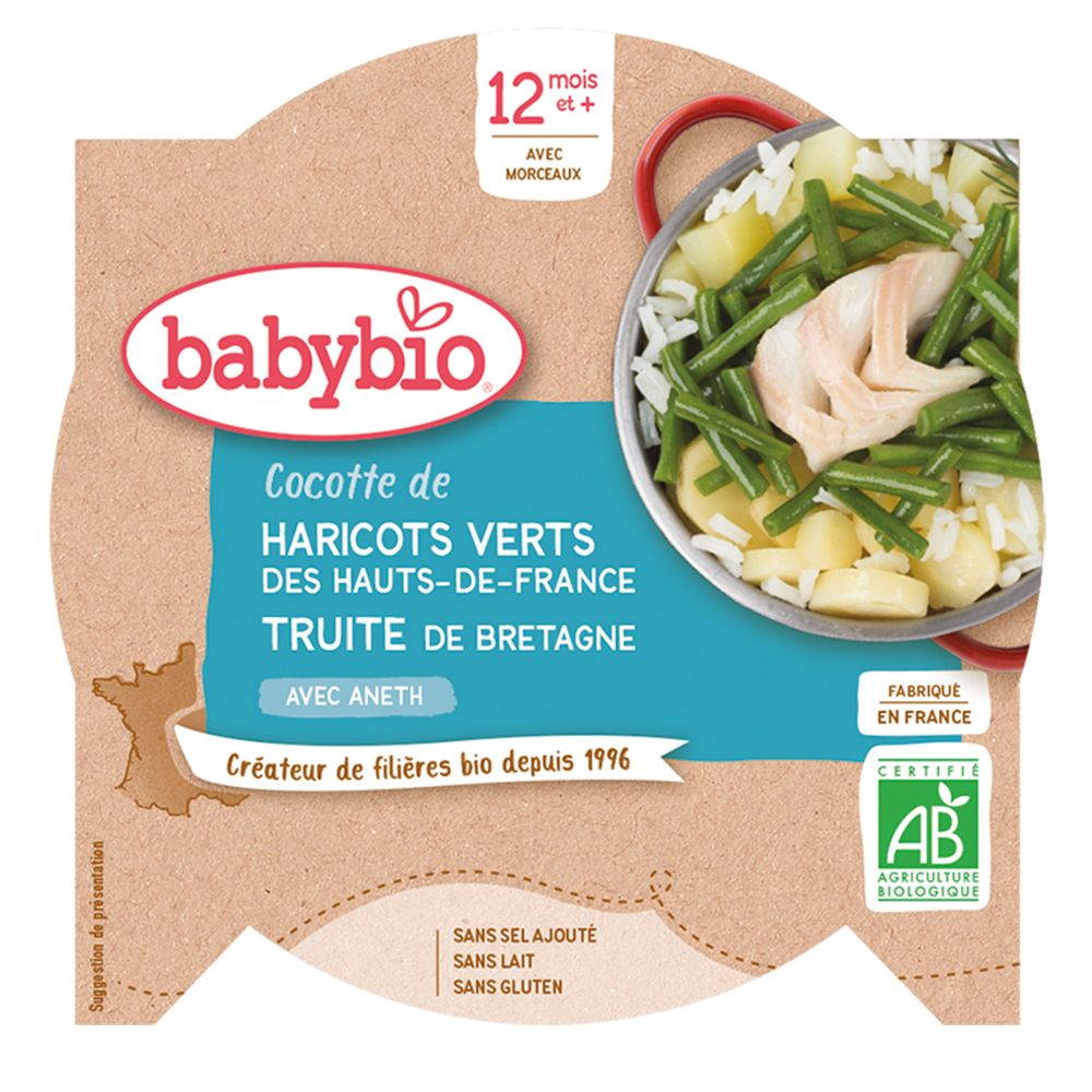 Babybio Cocotte de haricots verts des Hauts-de-France truite de Bretagne à l'aneth dès 12 mois (230 g)