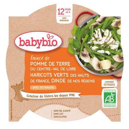 Babybio Émincé de pomme de terre du Centre-Val de Loire, haricots verts des Hauts-de-France, dinde de nos régions à l'estragon (dès 12 mois) - 230 g