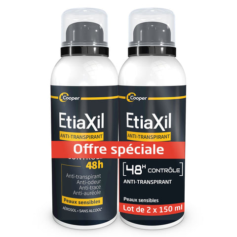 Etiaxil Déodorant anti-transpirant homme, contrôle 48h, aérosol 150 ml, lot de 2 (300 ml)