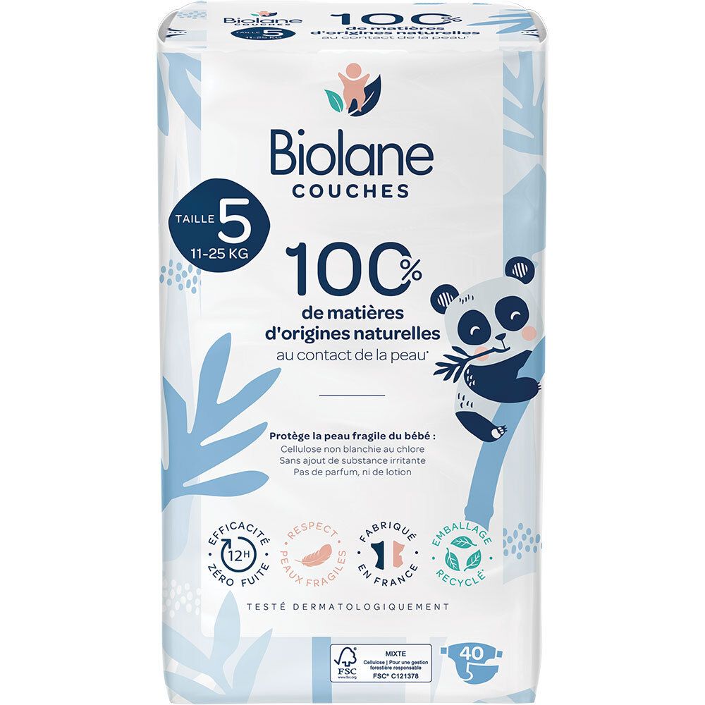 Biolane - Couches Naturelles Taille 5 - 12H - zéro fuite - 40 unités