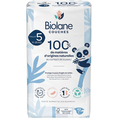 Biolane - Couches Naturelles Taille 5 - 12H - zéro fuite - 40 unités