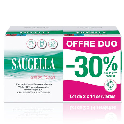 Saugella Cotton Touch Tagesbinden extra dünn mit Flügeln - 100% hydrophile Baumwolle - hypoallergen - Thymian- und Calendula-Extrakte (2x14 Stück)