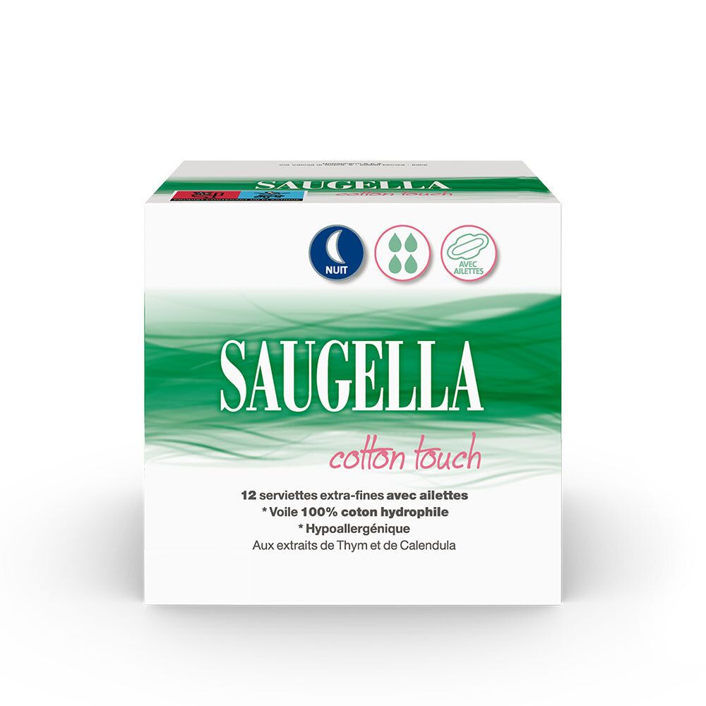Saugella Cotton Touch Serviettes Hygiéniques de Nuit, Extra-Fines et Hypoallergéniques avec Ailettes, Très Absorbantes - 12 pièces
