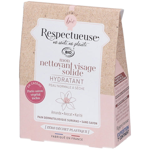 Respectueuse Feste feuchtigkeitsspendende Bio-Gesichtsreinigung 35g + Pflanzliche Seifenschale gratis