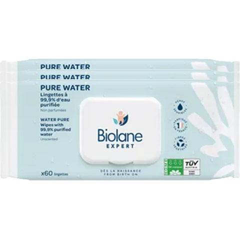 Biolane Expert Lingettes Pure Water non parfumées (lot de 3 x 60 unités)