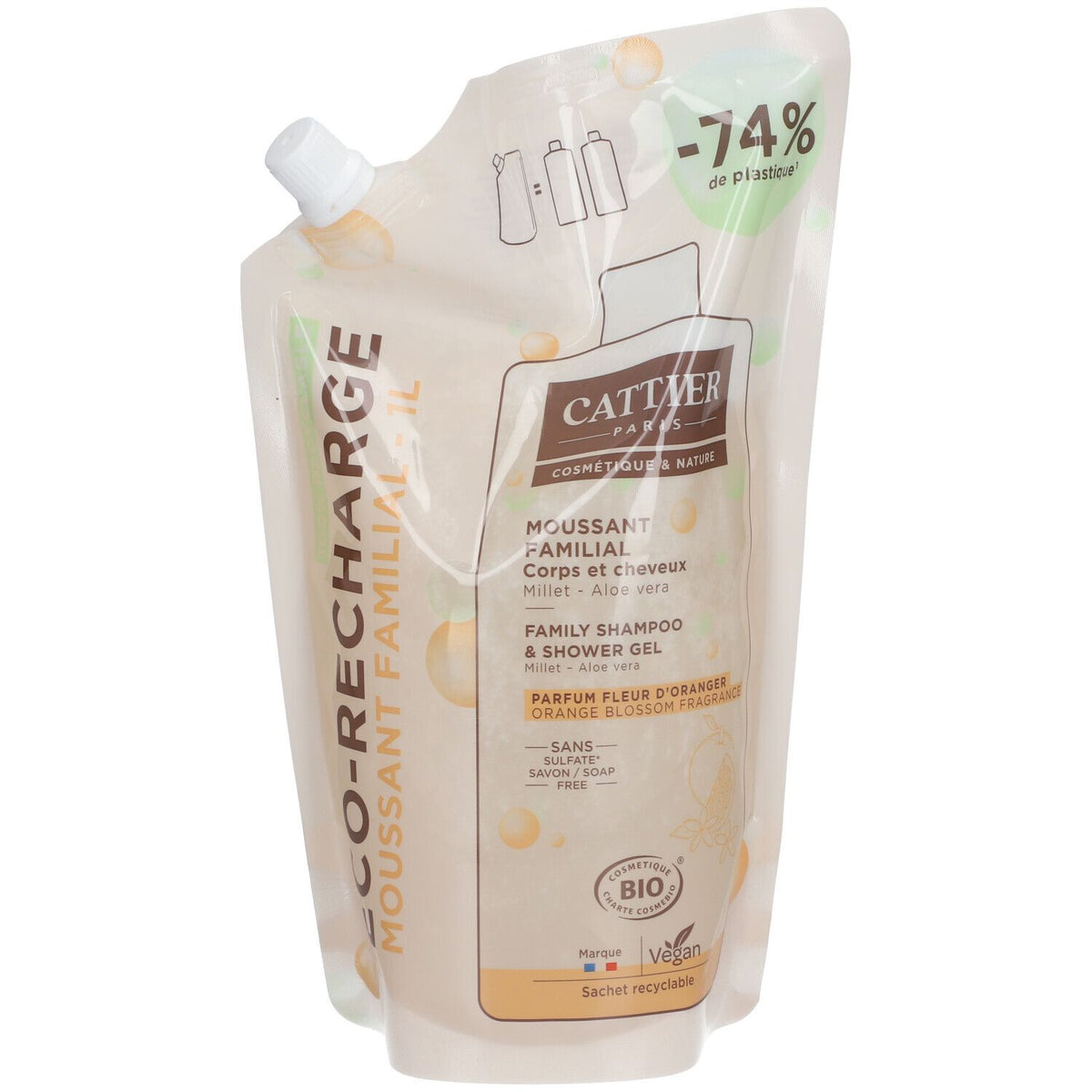 CATTIER Moussant familial sans sulfates Bio Éco-recharge — 1000 ml