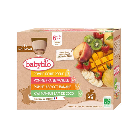 Babybio Multiparfum Früchte 2: Apfel Himbeere, Apfel Orange Banane, Apfel Birne Pfirsich, Apfel Mango