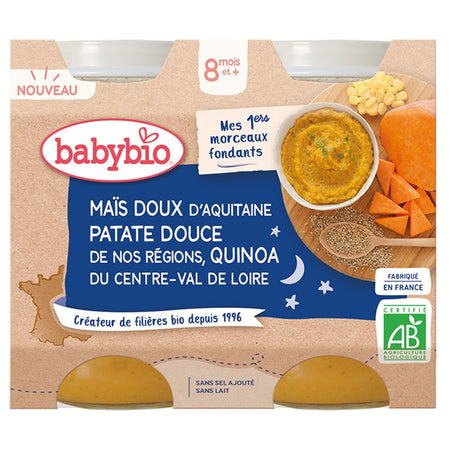 Babybio MAÏS DOUX D'AQUITAINE PATATE DOUCE DE NOS RÉGIONS QUINOA DU CENTRE-VAL DE LOIRE dès 8 mois — 400 g