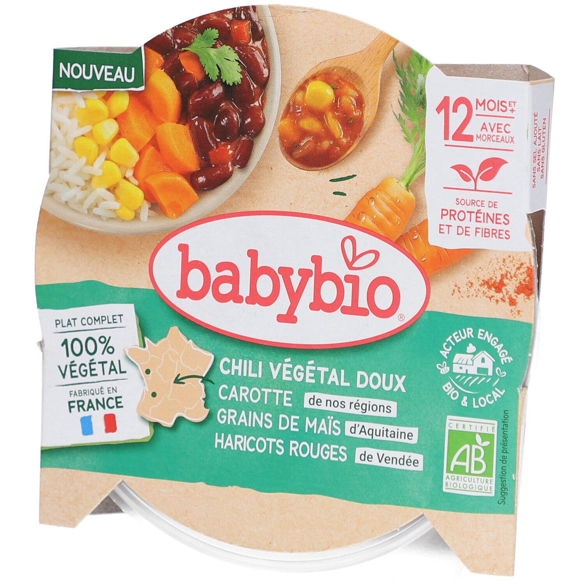BABYBIO Chili Végétal Doux Carottes Grains de Maïs Haricots Rouges — 230 g