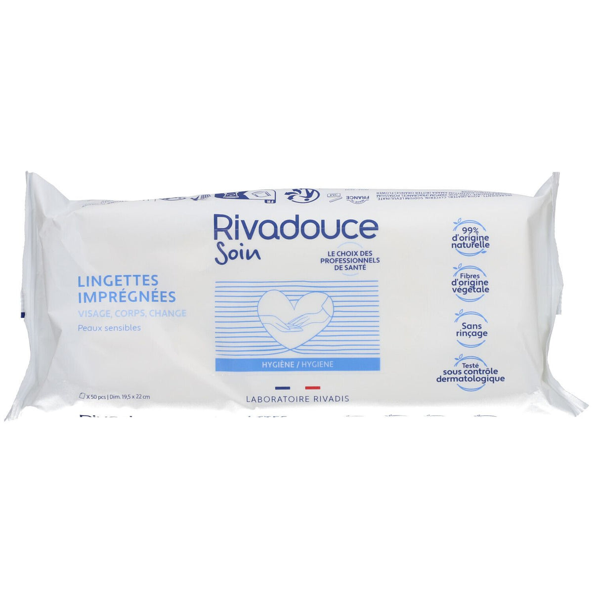 RIVADOUCE Lingettes imprégnées - Etui de 50 lingettes (dim. 19,5x22 cm)