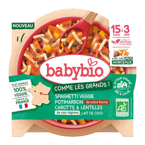 BABYBIO Spaghetti Veggie Kürbis von unserem Hof Karotte Linsen aus unseren Regionen & Kokosmilch — 200 g